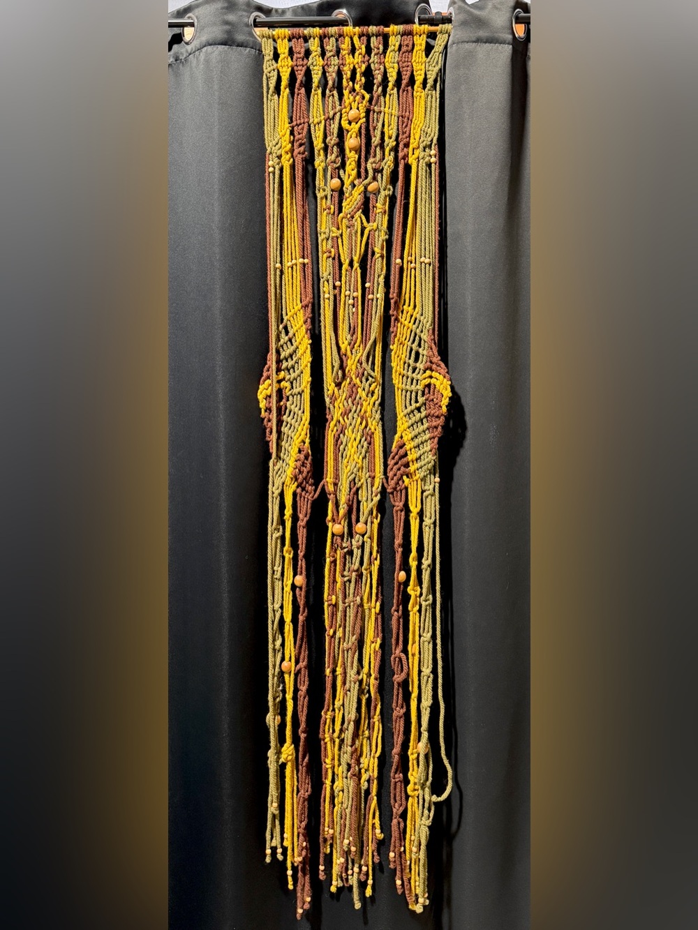 Vintage Handmade Macrame Wall Hanging 18” x 78” Hippie Boho Chic Brown 1970s